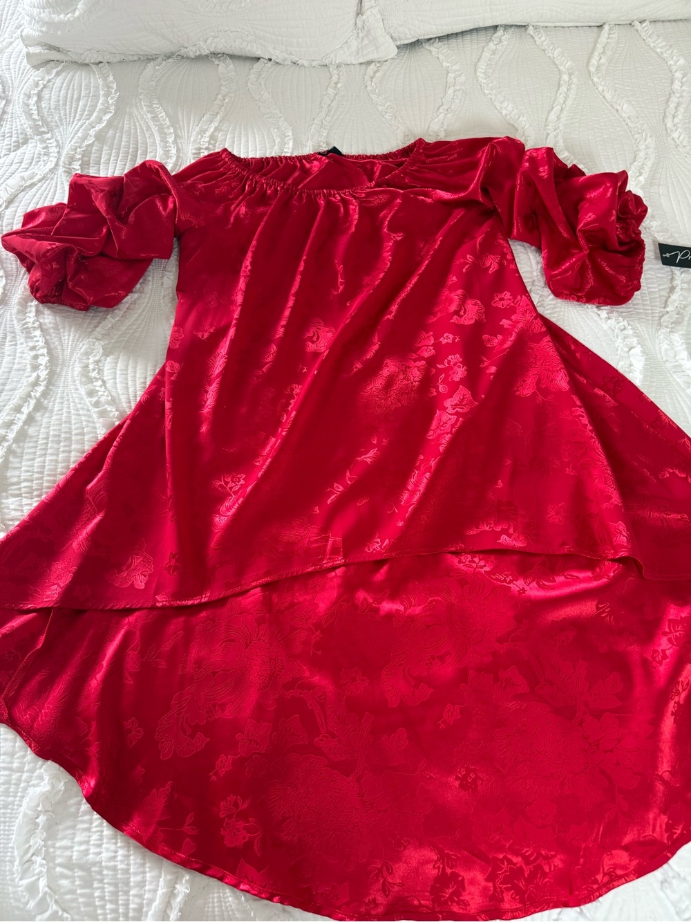 Women's Red Satin Off-Shoulder High-Low Dress